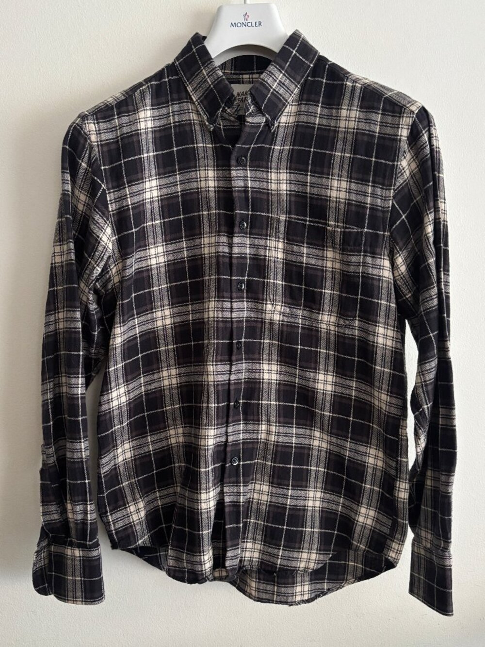 $225 Naked & Famous Black Brown Cream Plaid Cotton Flannel Shirt -Small/ Medium